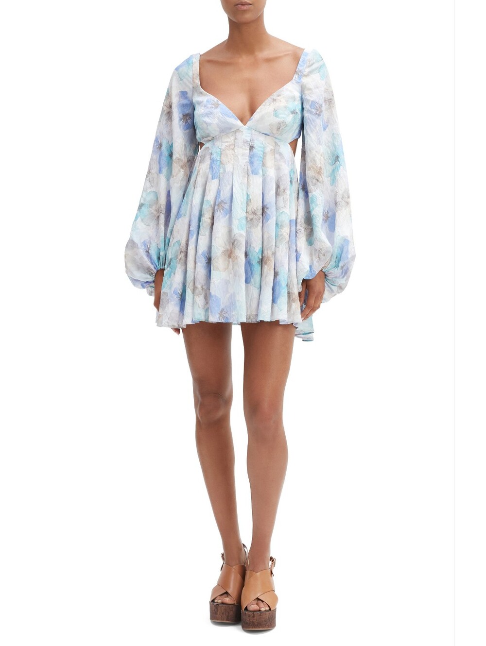 Bardot Blue Floral Jovie Babydoll Mini Dress with Balloon Sleeves Size US 12